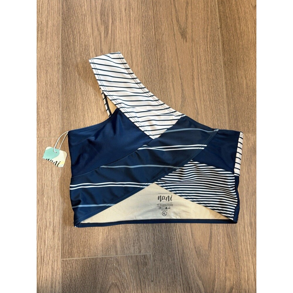 NWT NANI Swimwear Solstice Blue Patchwork Crop Bikini One Shoulder Top Sz XL - Picture 2 of 6